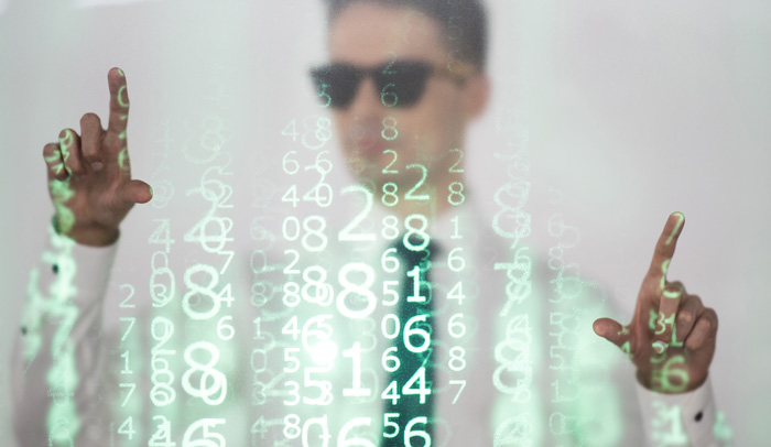 Numerology and Life Purpose. Futuristic man with numbers in window.