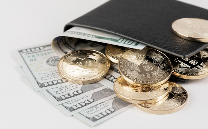 Crypto coins in a man's wallet. You can make a $100 a day with crypto. Crypto coins in a man's wallet. You can make a $100 a day with crypto.
