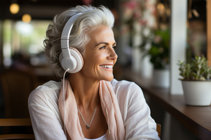 Mature woman writer with headphones Amazon Audible is a rainmaker for writers.  Mature woman writer with headphones Amazon Audible is a rainmaker for writers.