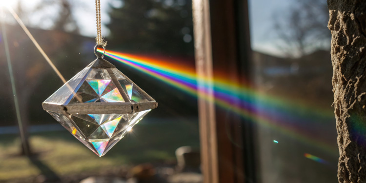 Outdoor prism for balancing chakras with crystal suncatchers.