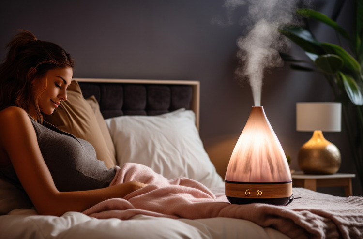 Woamn gains the spiritual rewards of a room diffuser in her bedroom.