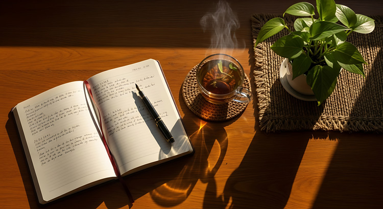 Zen writing room for a woman writer with a journal and hot tea.