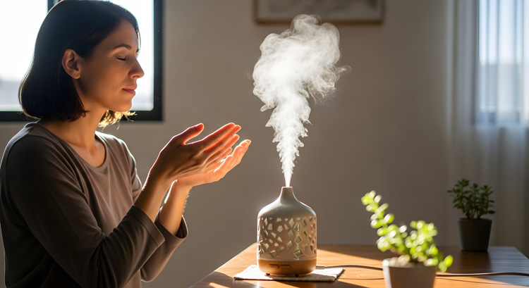 Woman with established spiritual rituals of self-care with a room diffuser.