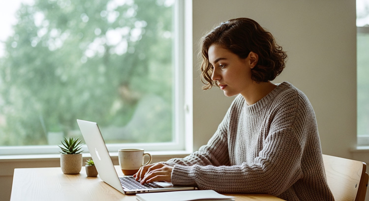 Young womna writer creating an article in her zen writing room.