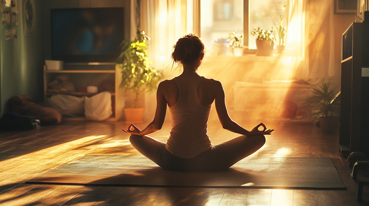 Spiritual woman meditates with light from crystal suncatcher. Spiritual woman meditates with light from crystal suncatcher.