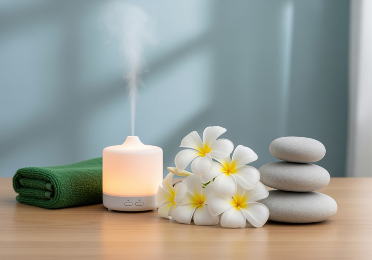 Diffuser, zen stones, and flowers for a woman writer.
