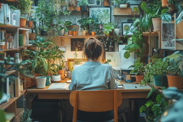 Woman writer with over-decorated writing room.