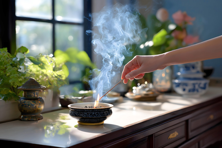 Woman writer lights incense to enhance her creativity.