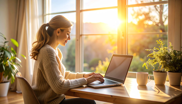 Young woman writer in a minimalist zen writing room she created inexpensively.