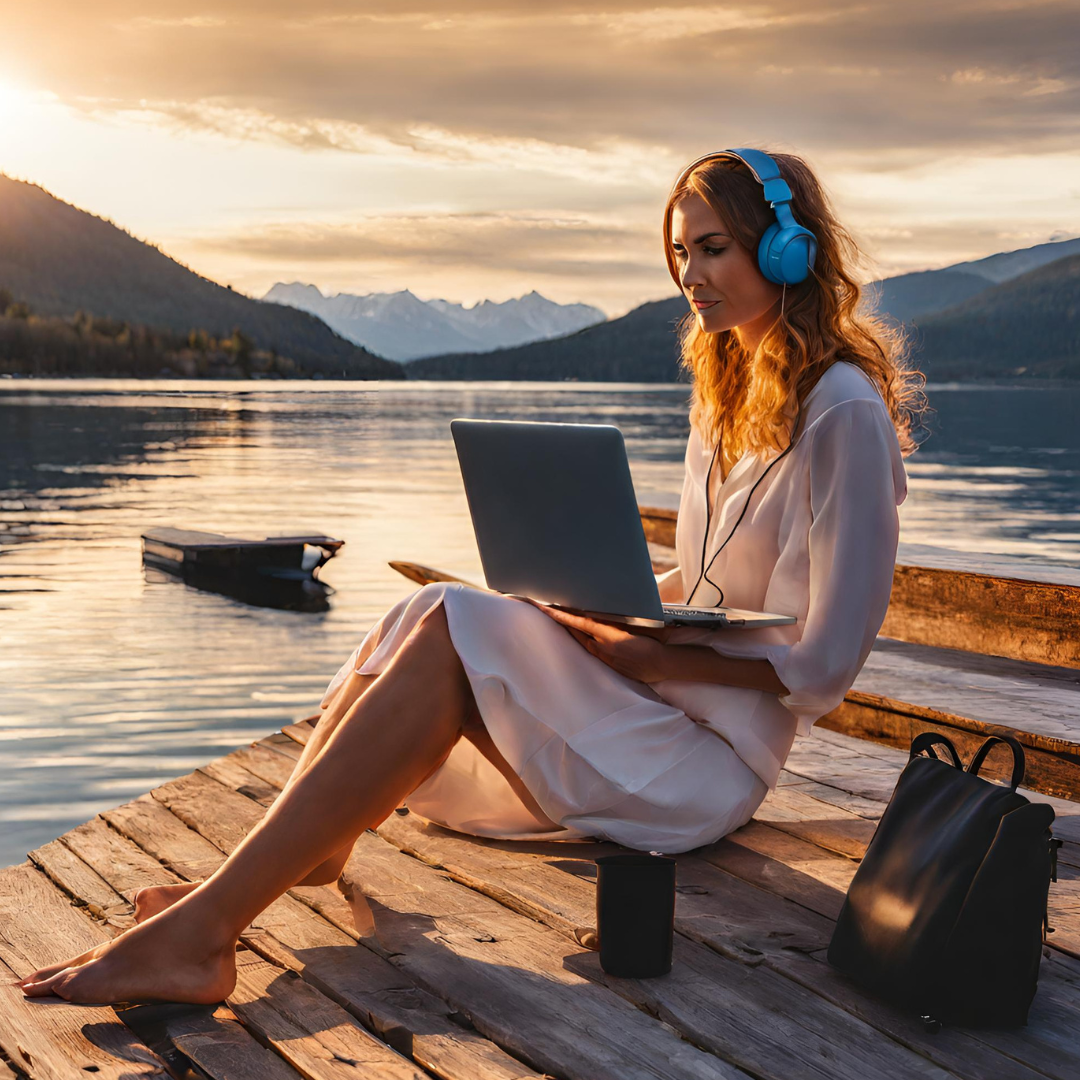 Woman writer on dock with headphones, listening to Amazon Audible to increase awareness. Woman writer on dock with headphones, listening to Amazon Audible to increase awareness.