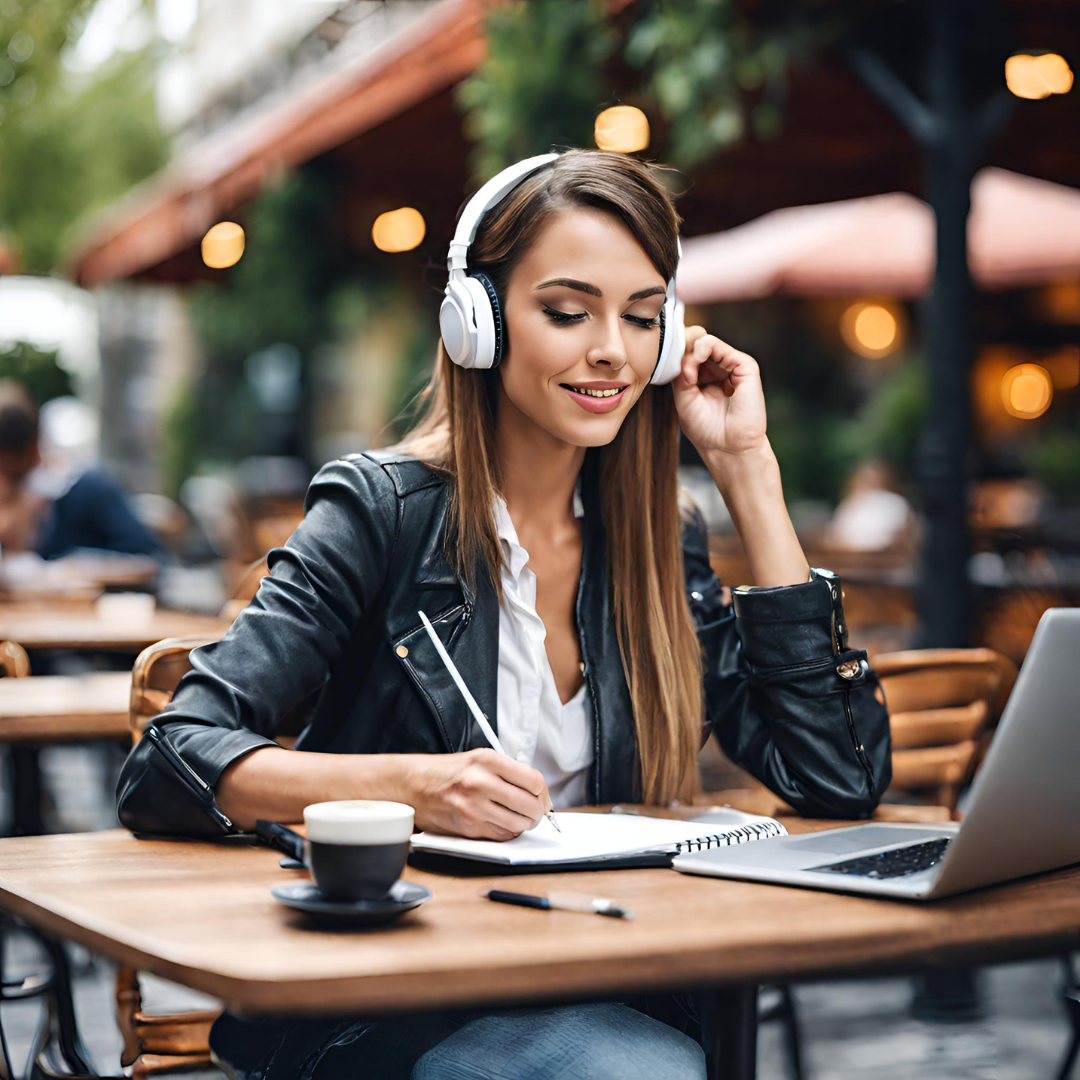Young woman writer gaining awareness through Amazon Audible at an outdoor cafe. Young woman writer gaining awareness through Amazon Audible at an outdoor cafe.