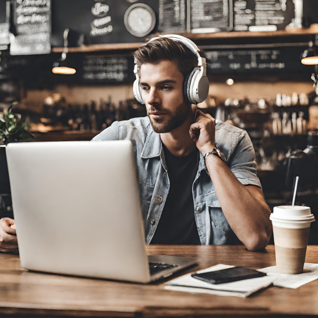 Young male writer gaining awareness with Amazon Audible audiobook. Young male writer gaining awareness with Amazon Audible audiobook.